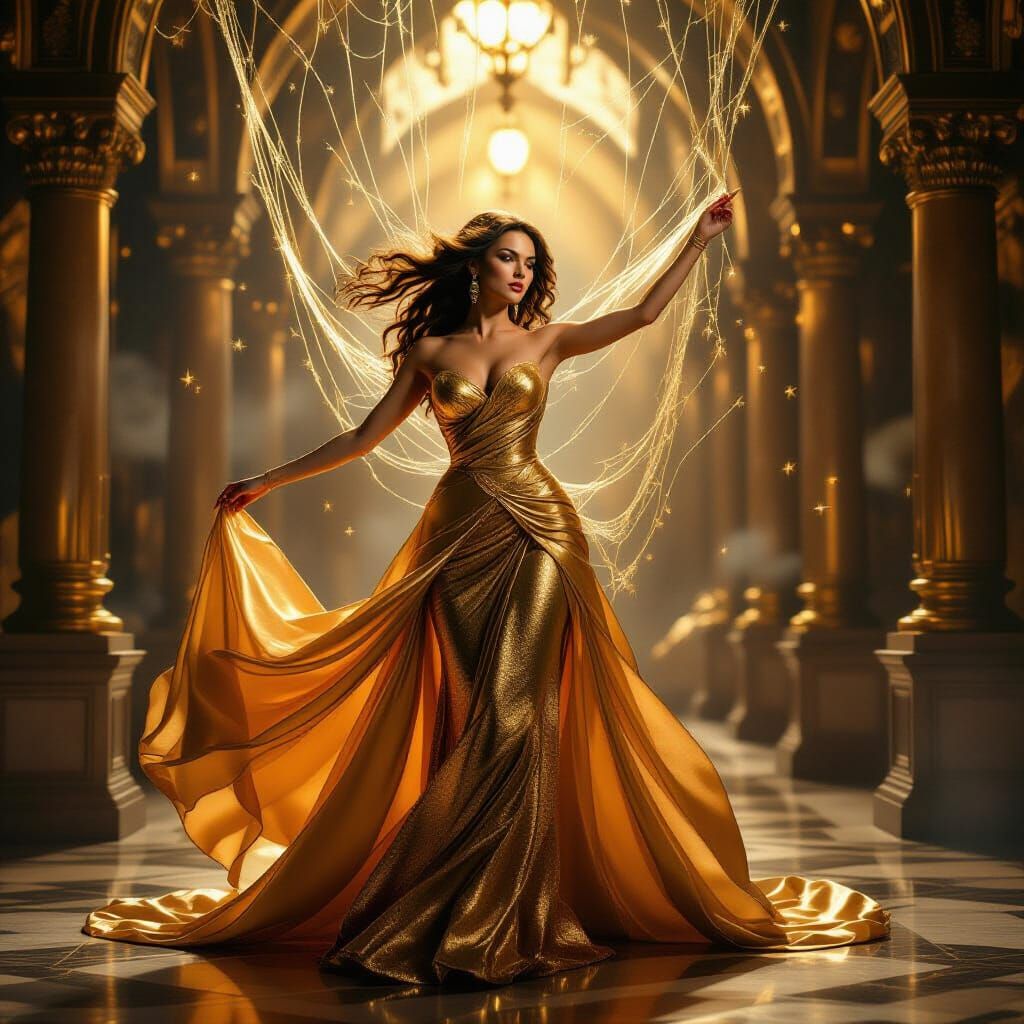 Woman Escapes Golden Web in Dramatic Digital Painting