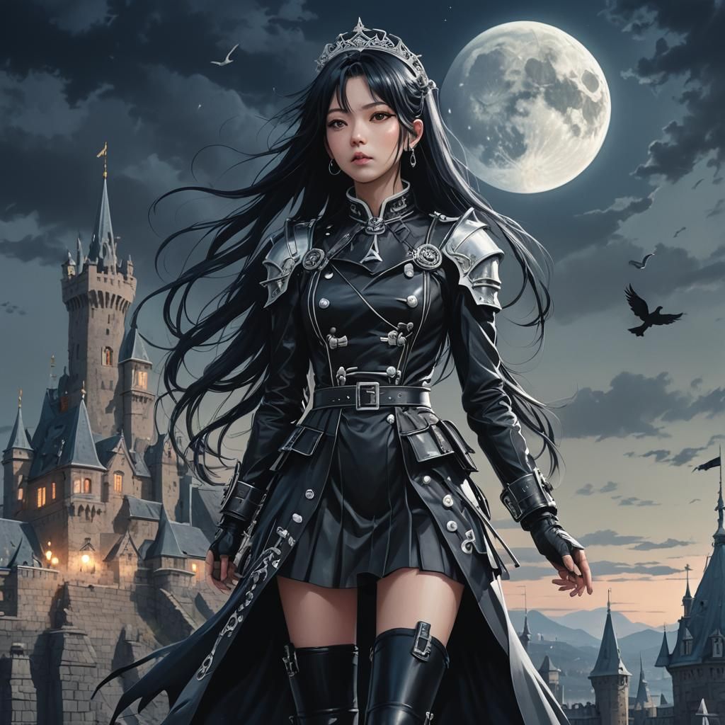 Saiki from Band-Maid standing on top of her castle.