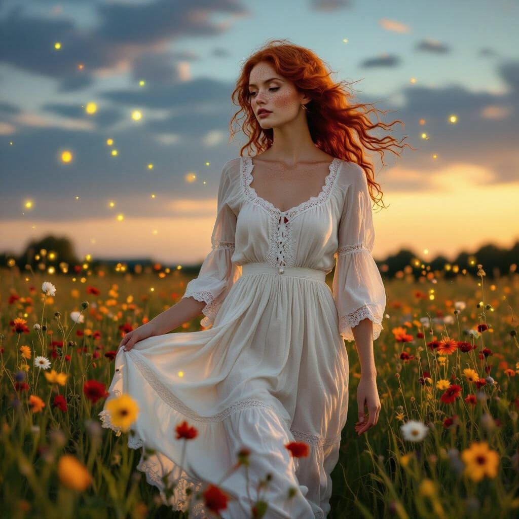 Red-Haired Woman in Wildflower Field at Twilight