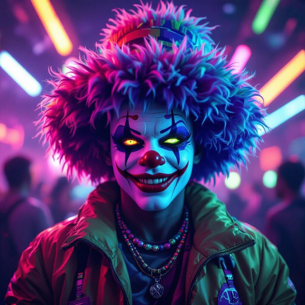 Neon Rave Clown with Mask in Futuristic Style