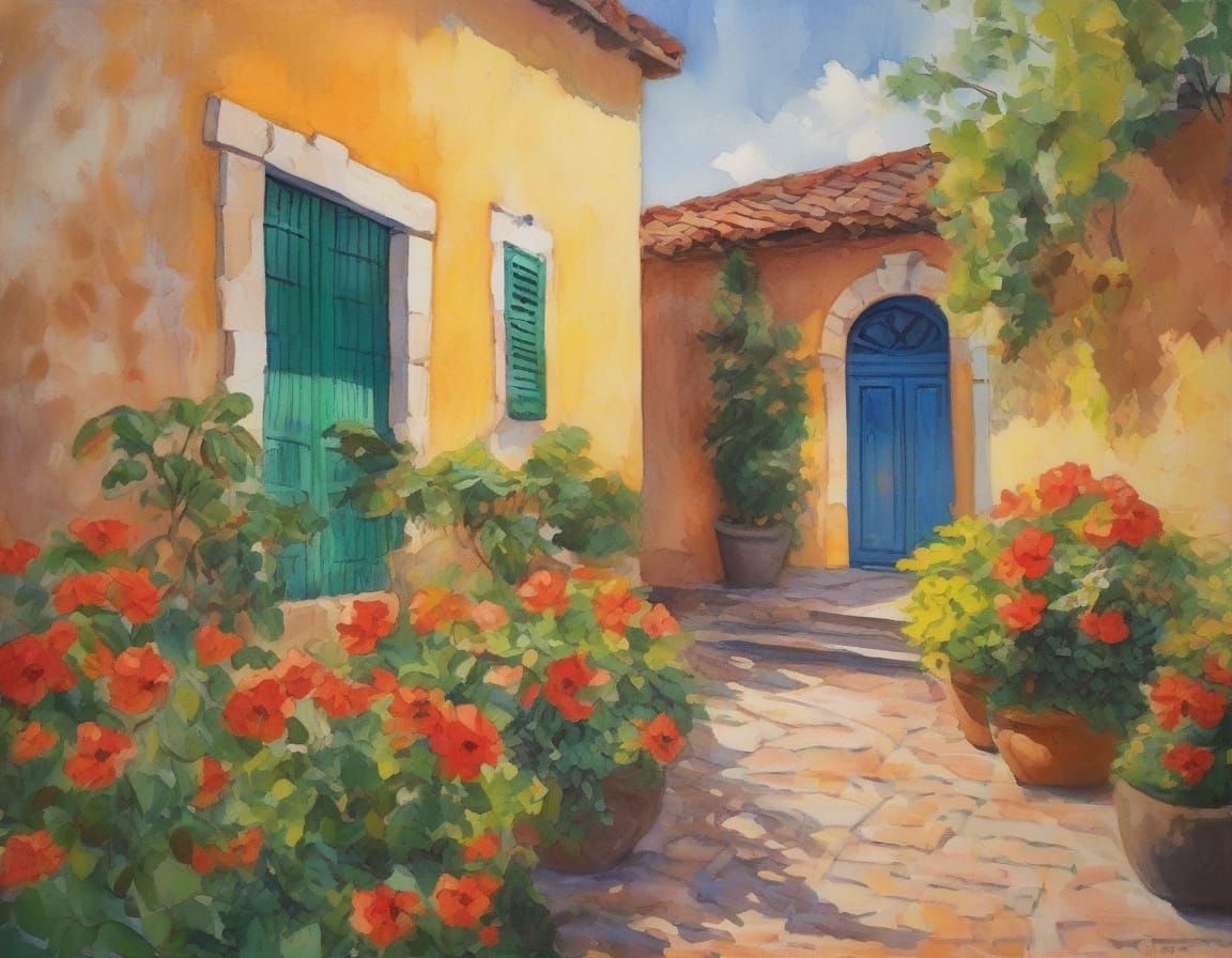Sunny Portuguese Villa Garden as Impasto Watercolor