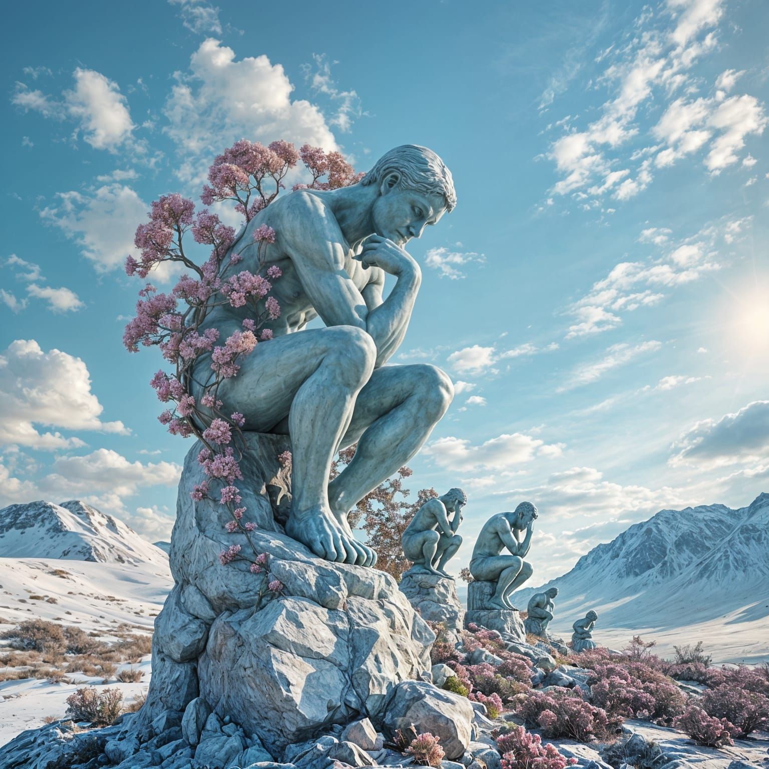 Recursive Thinker Statues in Dreamlike Landscape