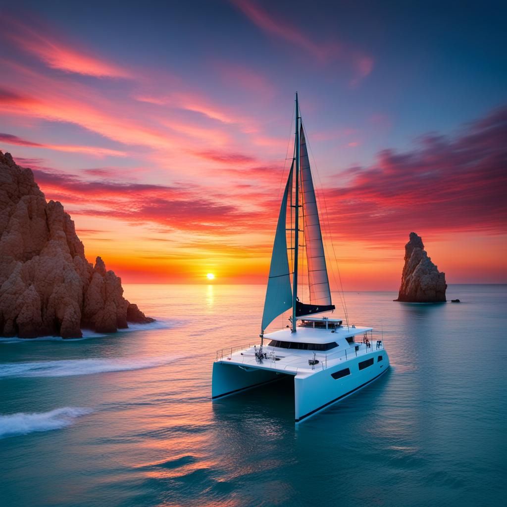 Catamaran on Surreal Sea at Colorful Sunset