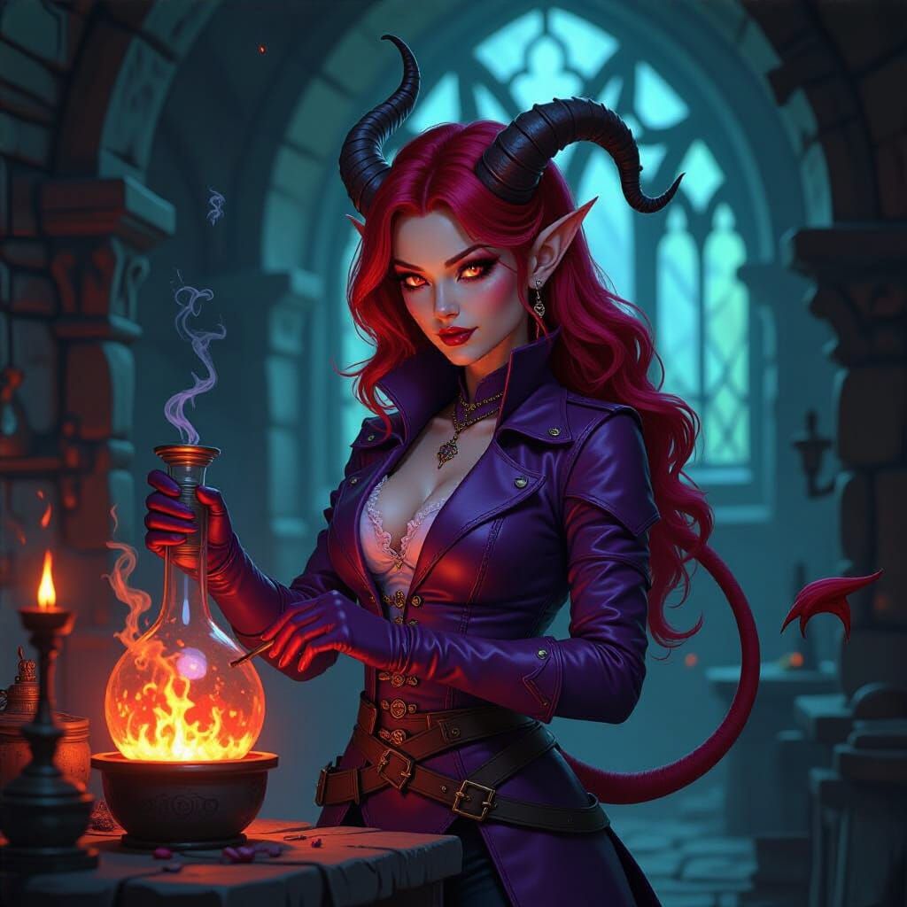 Tiefling Alchemist Mixing Explosives in Dark Fantasy Style