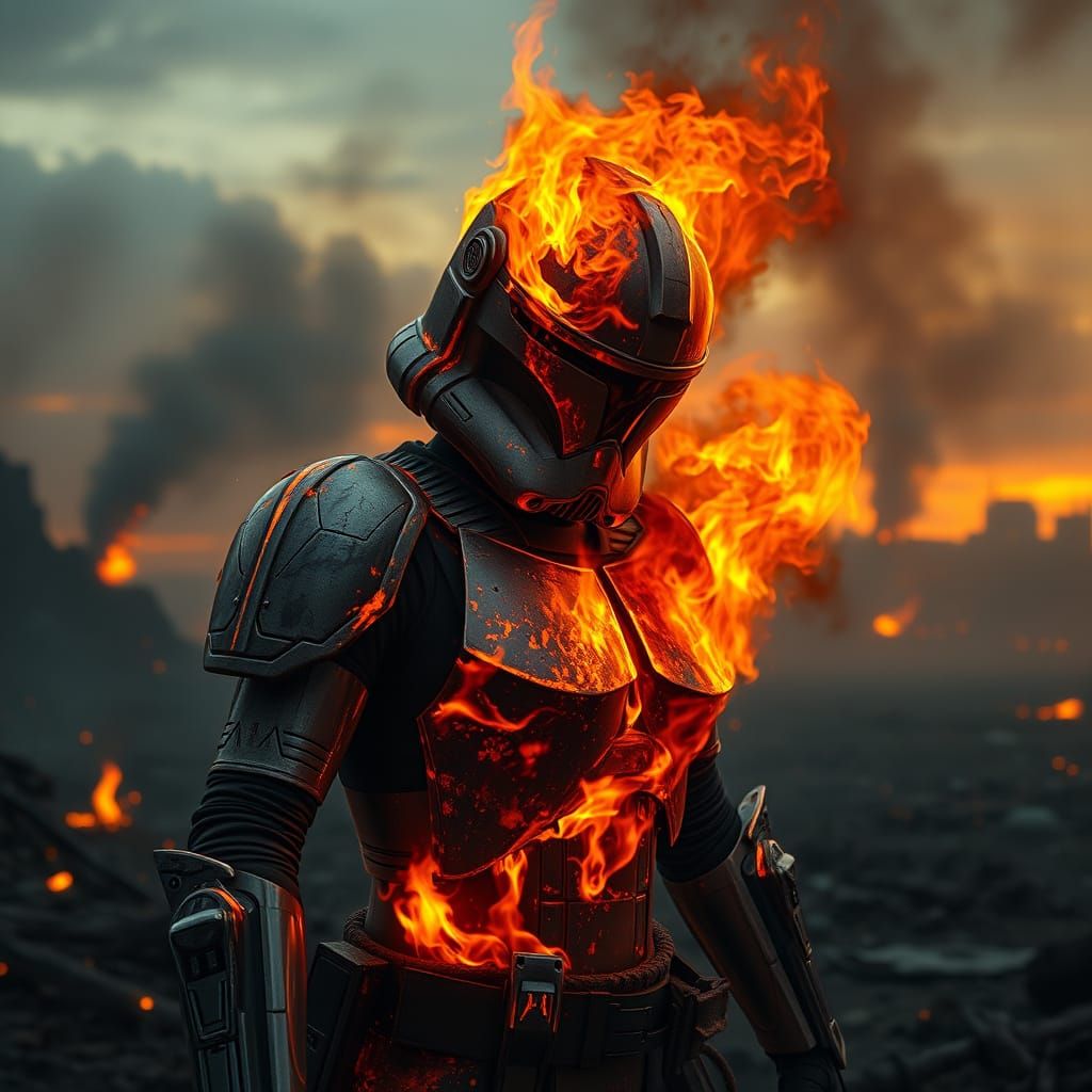 War-Torn Clone Trooper Engulfed in Inferno
