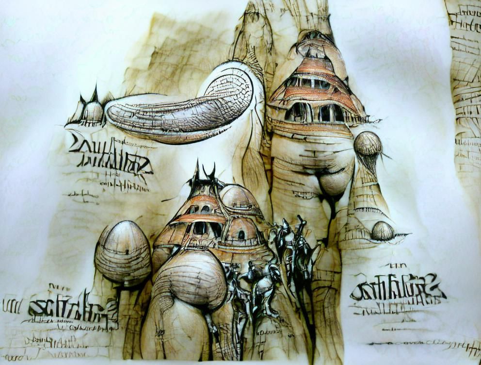 Detailed Ink Sketch of Saturnalian Architecture