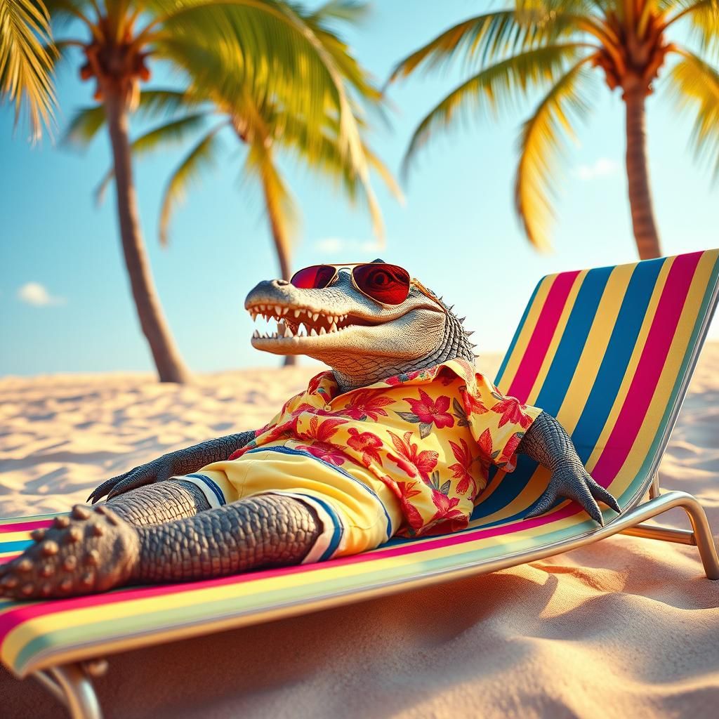Relaxed Crocodile in Beach Attire with Sunset Hues