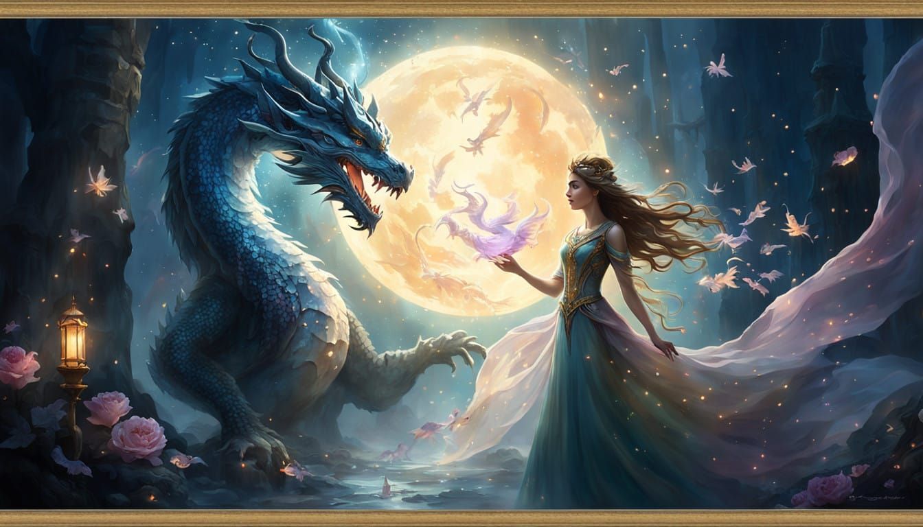 Ethereal Goddess Among Golden Dragons in a Whimsical Realm