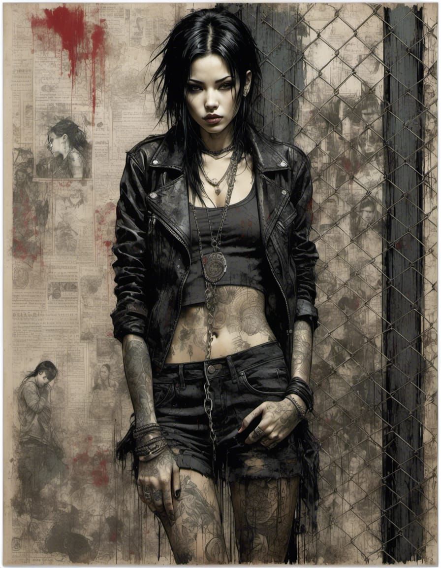 goth girl, leaning on chain link fence