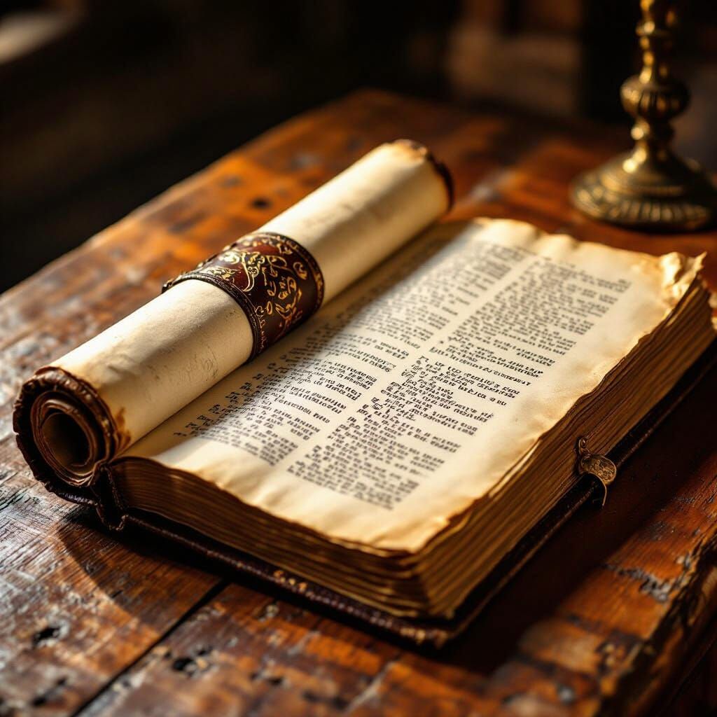 Bible and Parchment Scroll in Chiaroscuro Lighting