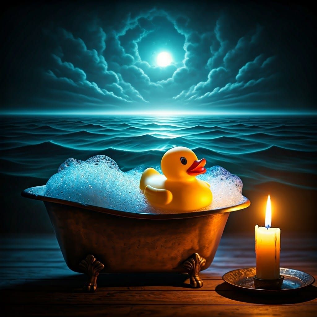 Surreal Duck Bath Scene in Warm Candlelight