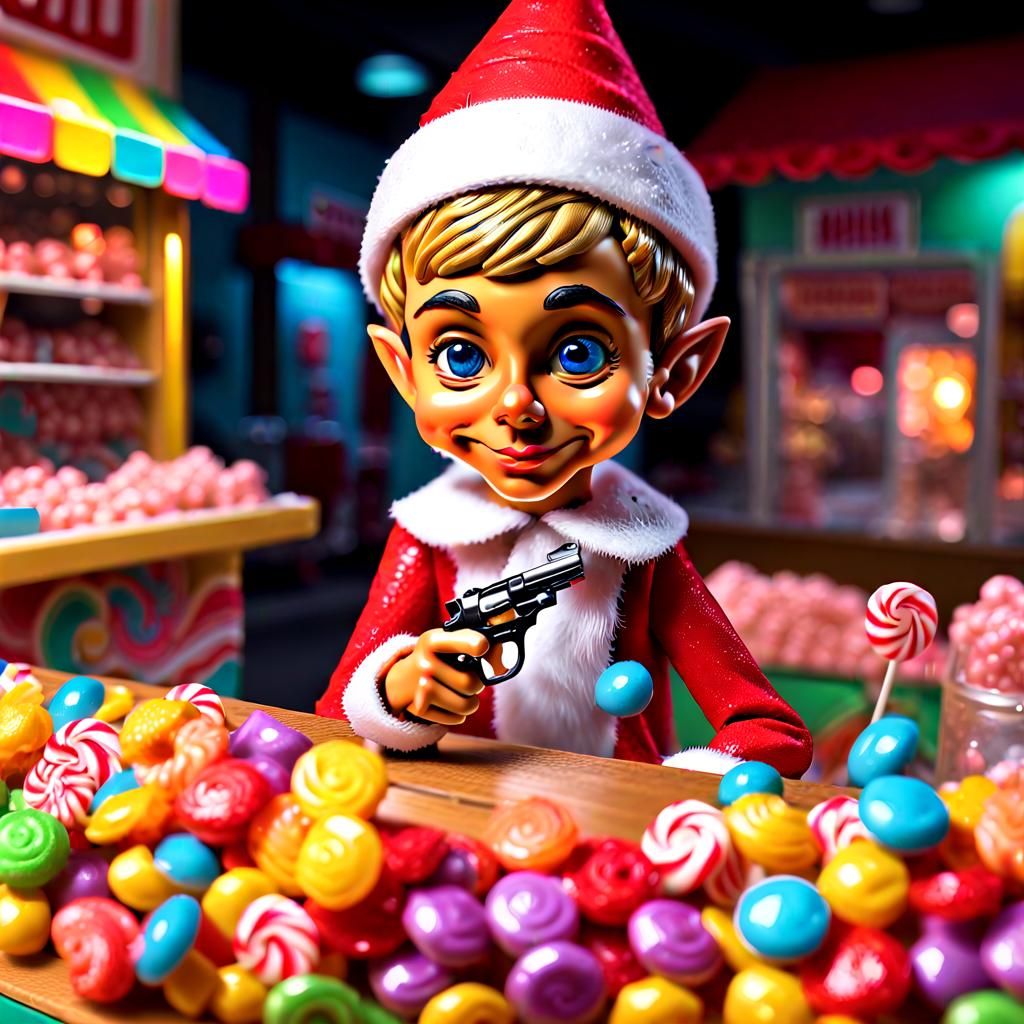 Quirky Gangster Elf Robs Colorful Candy Store in Whimsical A...