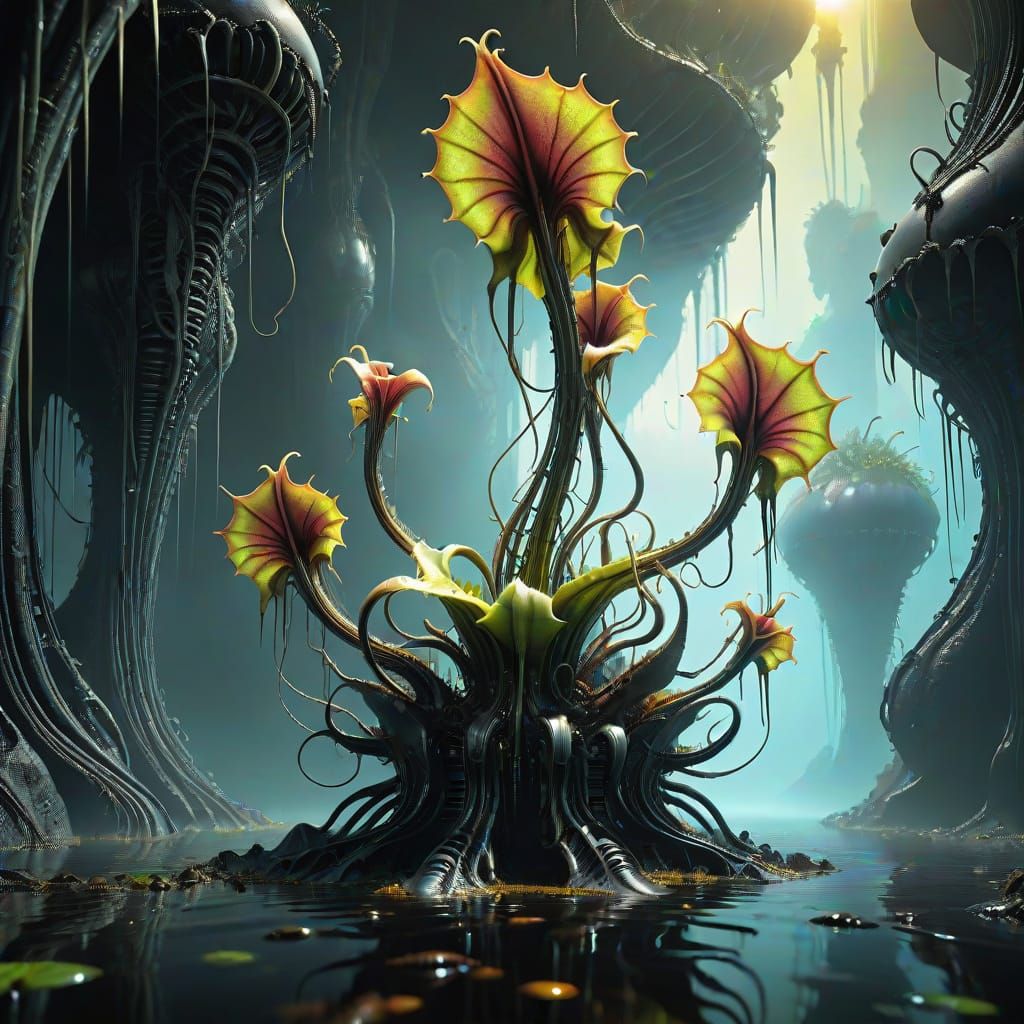 Biomechanical Alien Plant Blooms on Obsidian Island in Vibra...