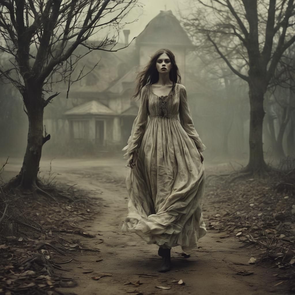Grieving Girl Fleeing Haunted House, Detailed Art
