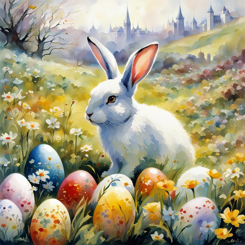 Easter Rabbit in Flower Meadow, Painterly Style