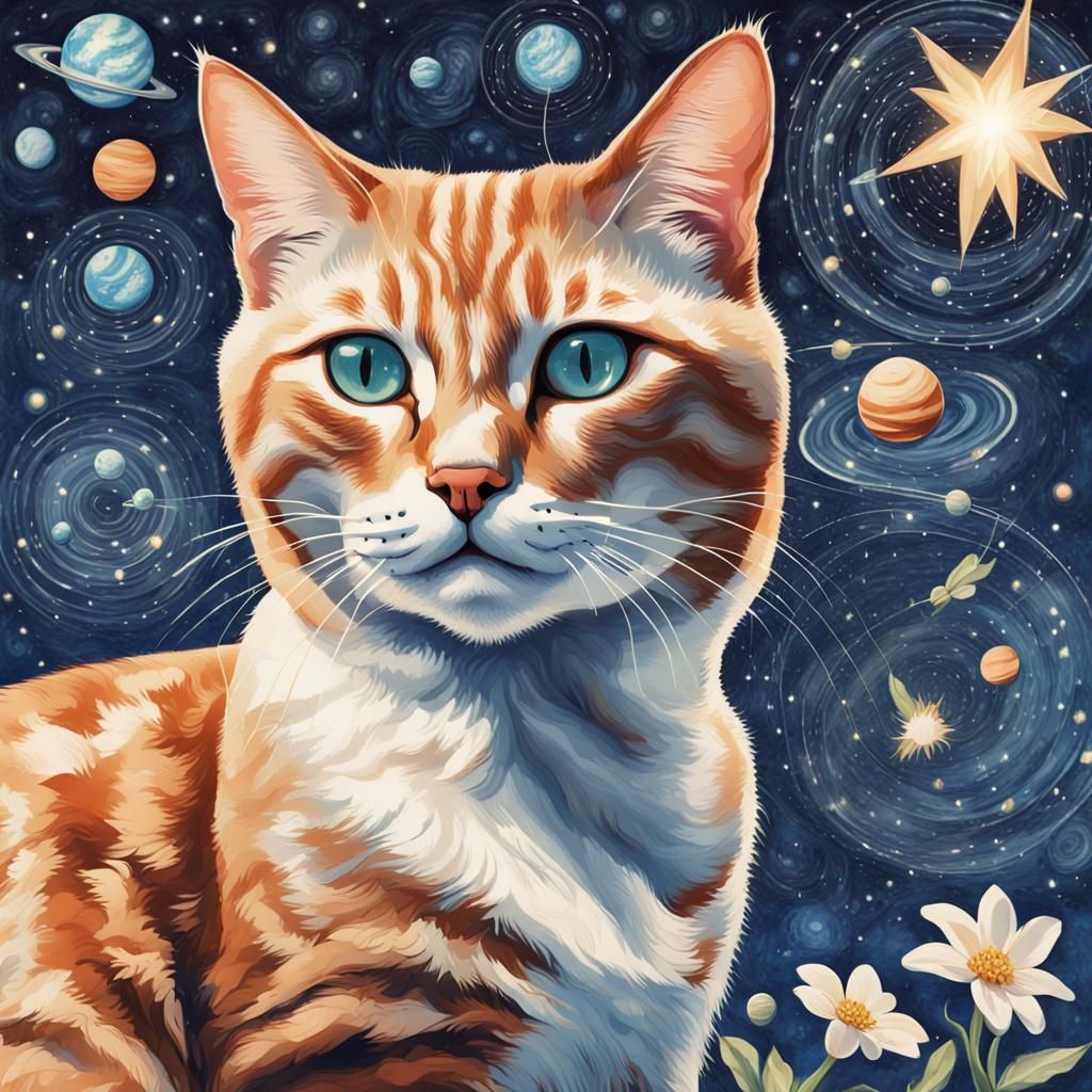 Psychedelic Cat Among Floral Planets in Art Deco
