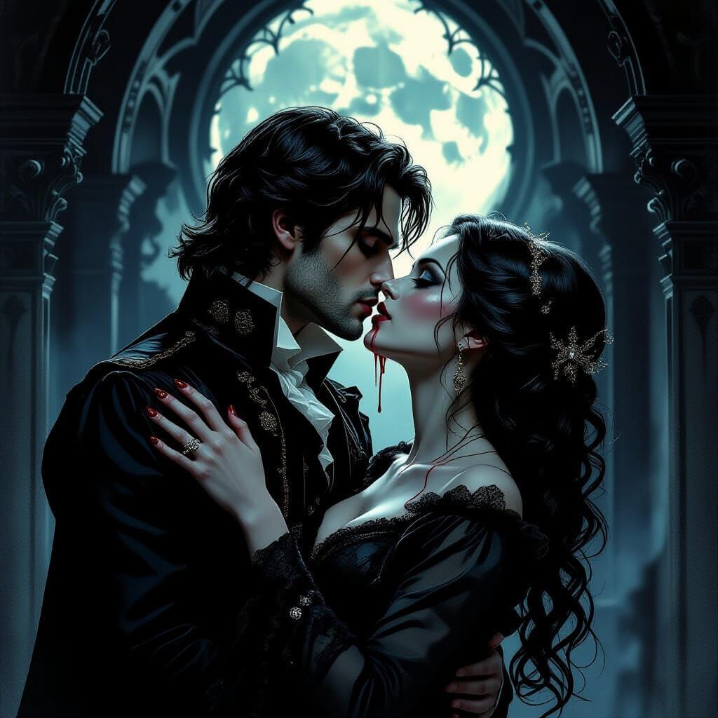 Moonlit Vampire Sucking Blood in Gothic Chamber