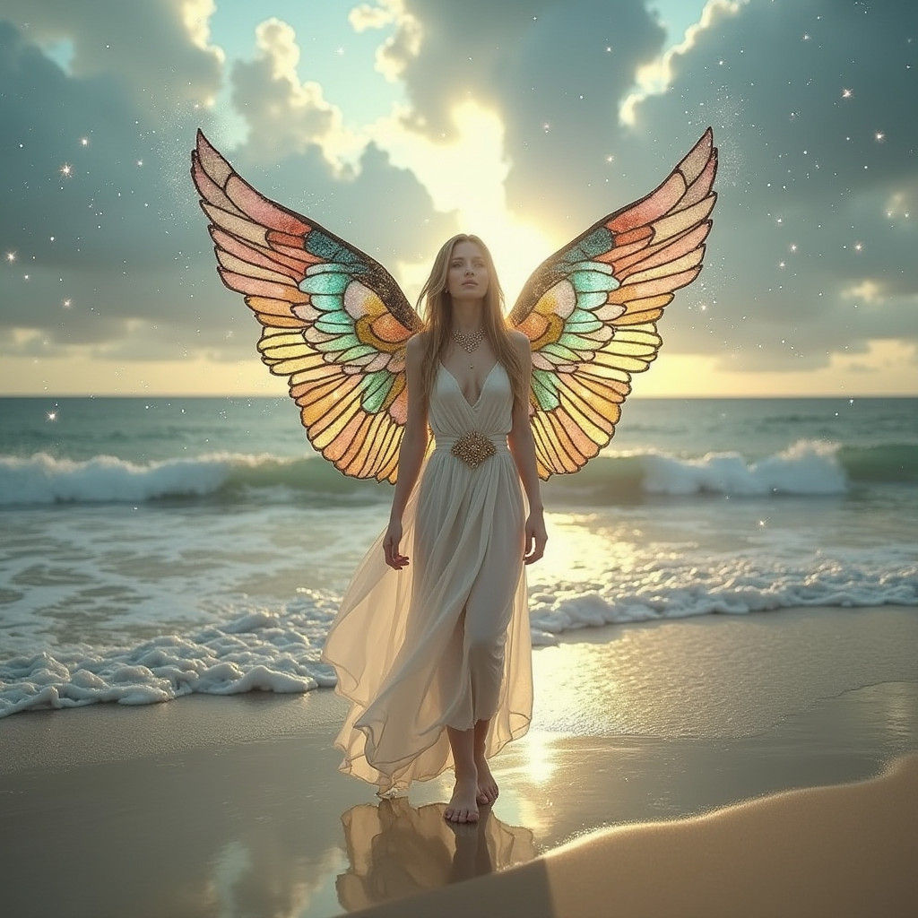 Ethereal Angel with Stained-Glass Wings on Moonlit Beach