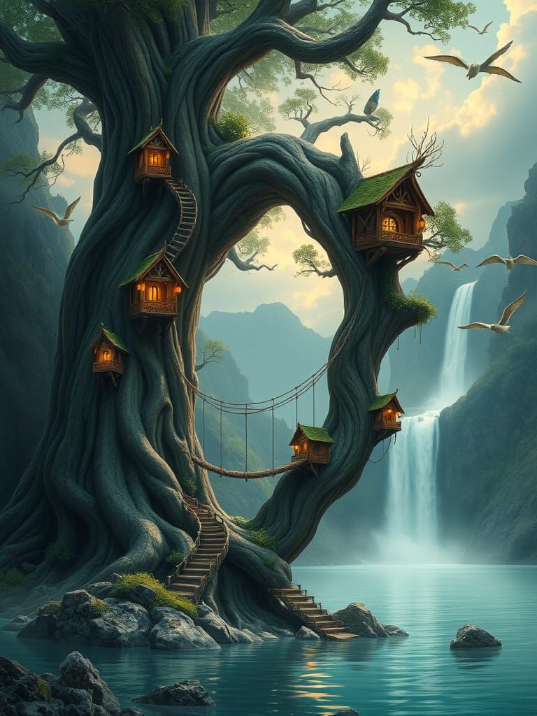 Ancient Tree Enclave in Ethereal Sunrise