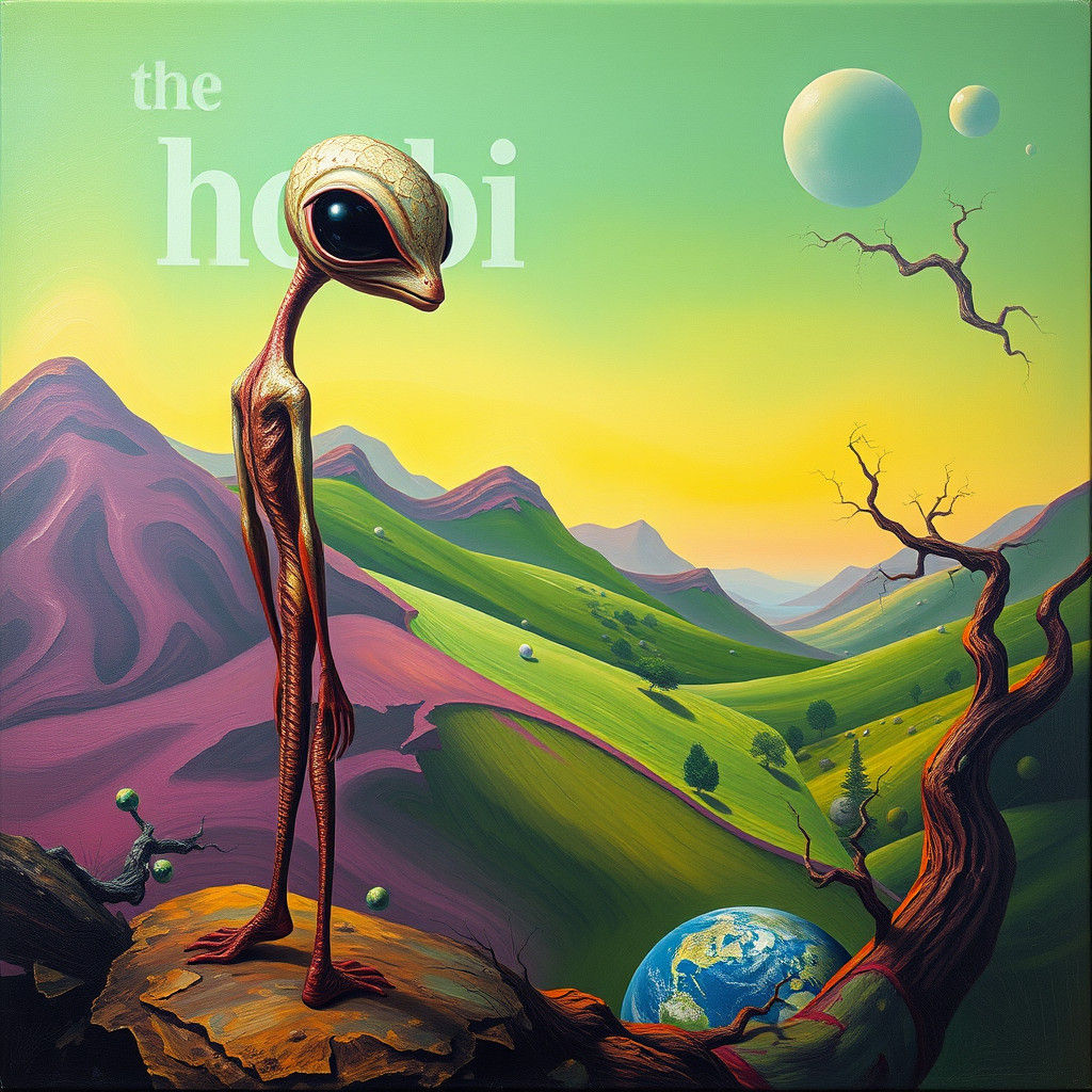 Surreal Alien Observes Earth in Dreamlike Landscape