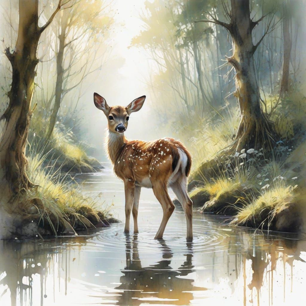 Surreal Watercolour Forest Scene with Fawn and Brook