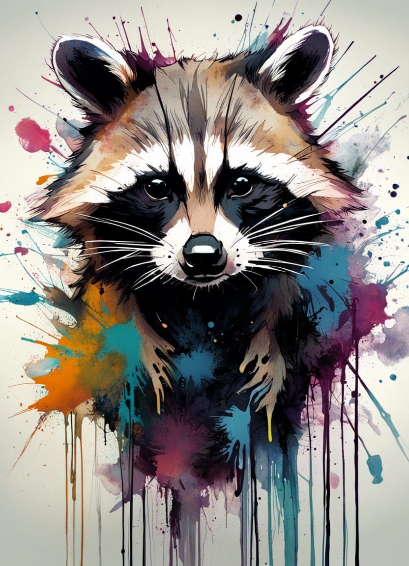 Colorful Ink Splash Raccoon Portrait in 3D