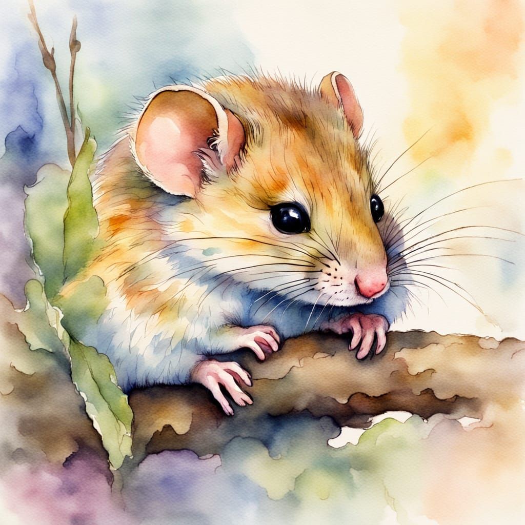 Sleeping Dormouse in Watercolour with Pastel Colors