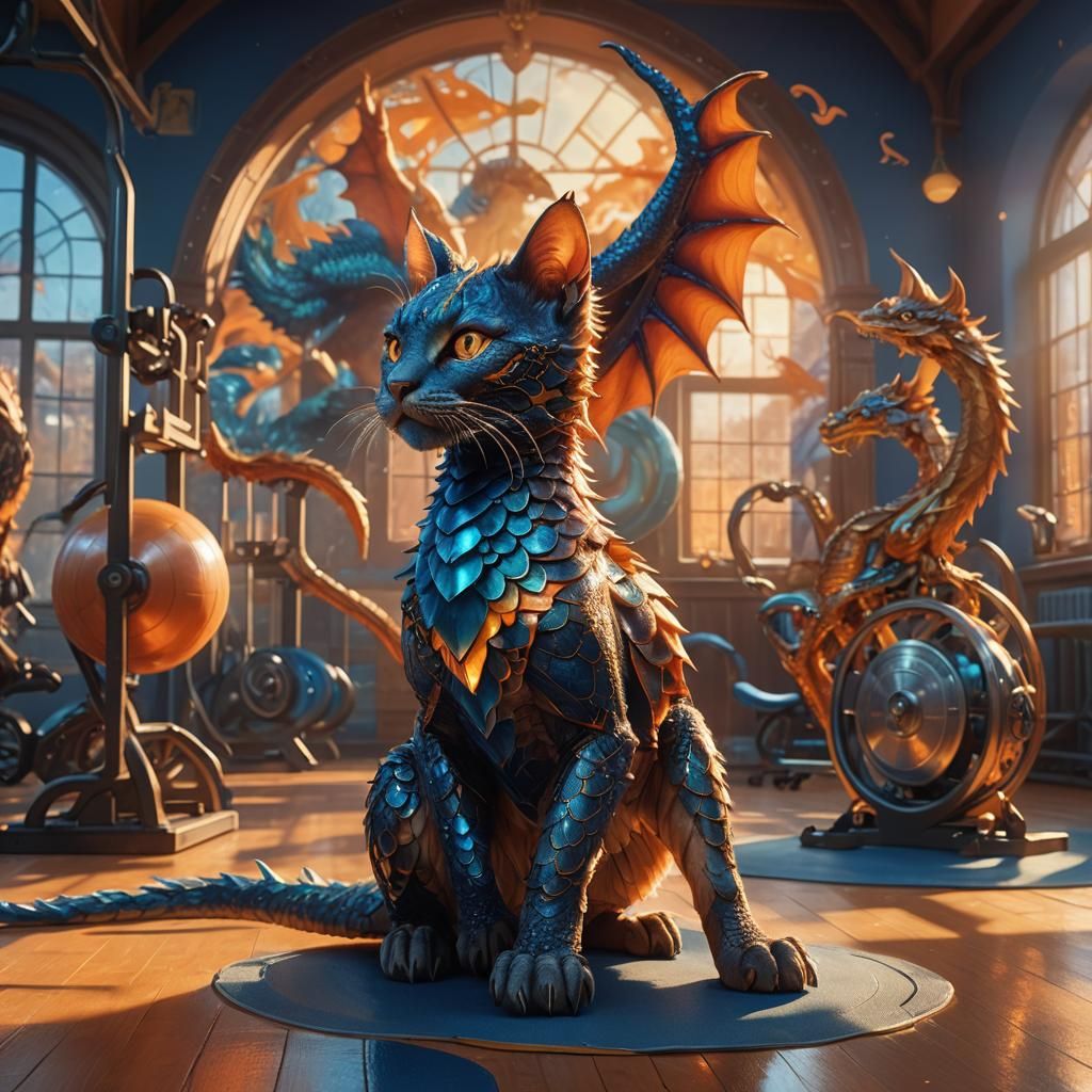 Young Cat Dragon in School Gym: Digital Matte Painting