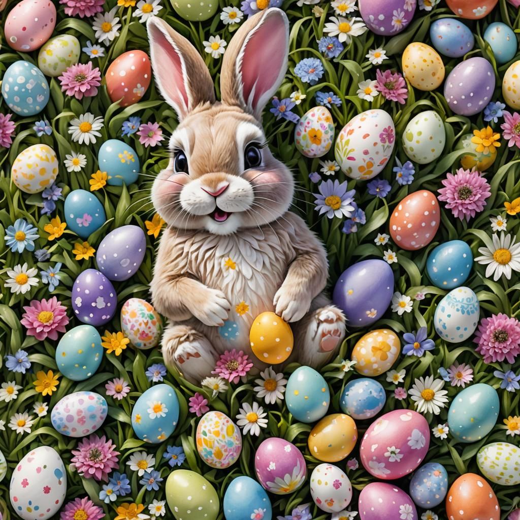 Comical Easter Bunny with Decorated Eggs