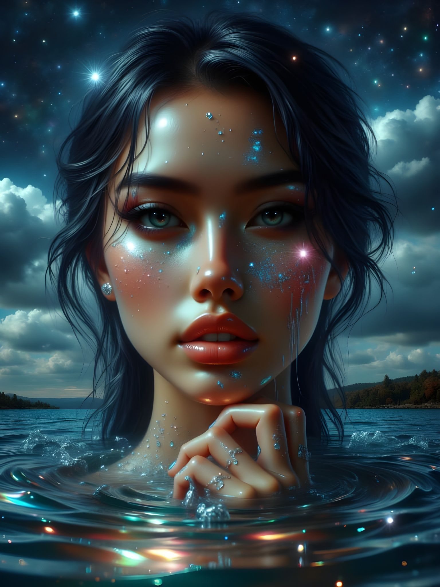 Woman Emerges From Water Under Starry Night Sky