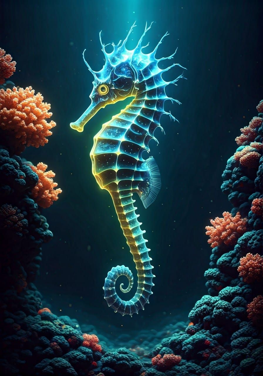 Ethereal Seahorse Amidst Oceanic Depths in Neon Plasma