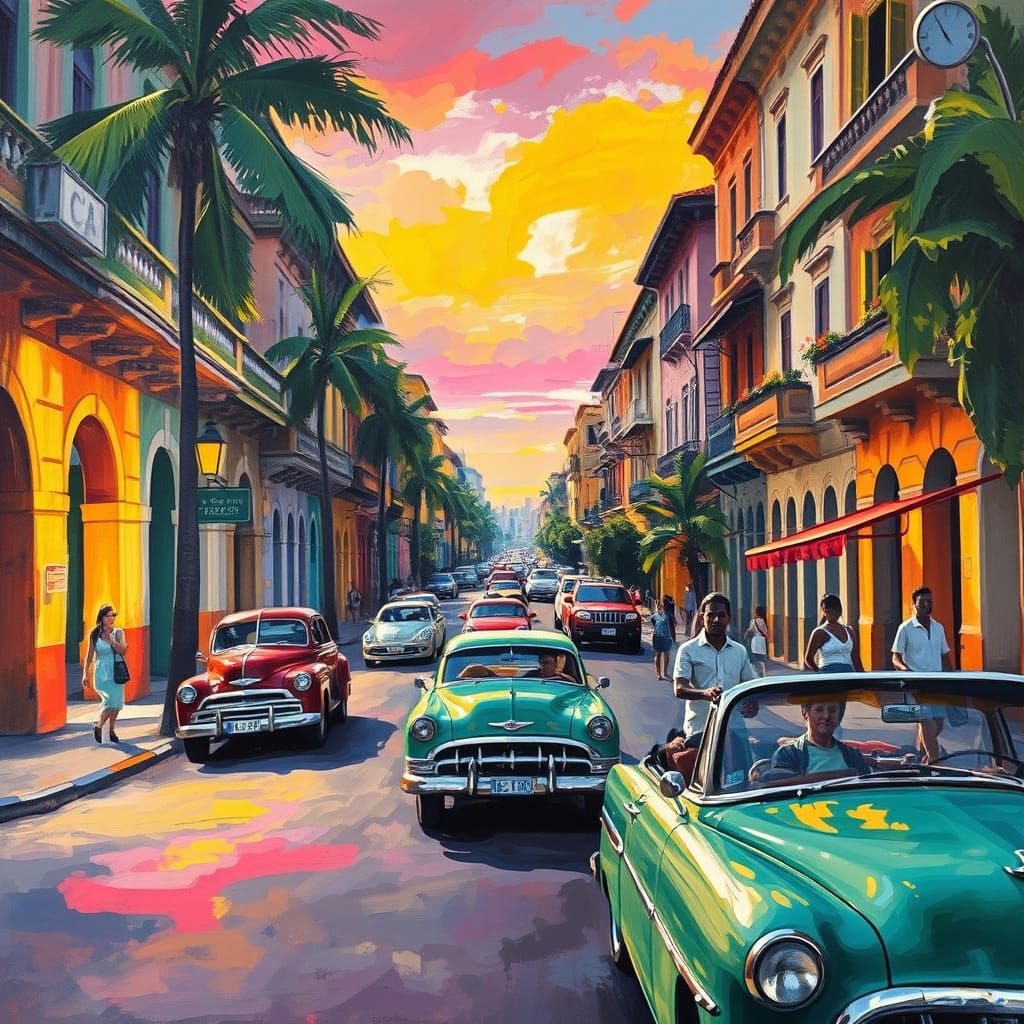 Havana Street Scene in Gouache Watercolor Style