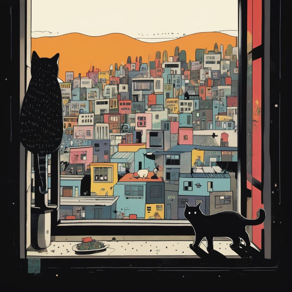 Cats at Window, Whimsical Scene