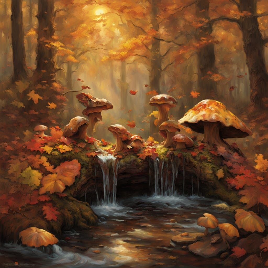 Autumn Woodland Fountain in Rembrandt-esque Style