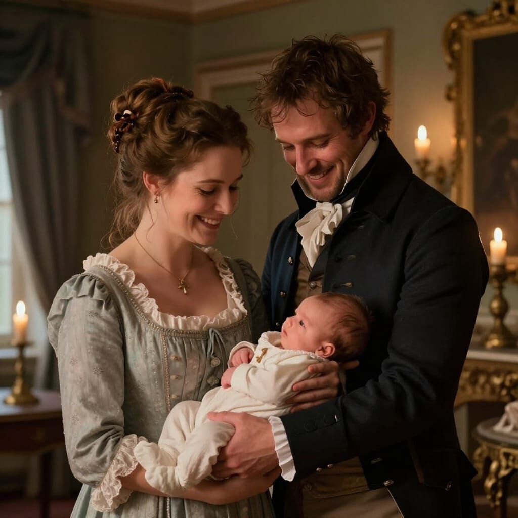 Regency England Family Portrait: New Parents and Baby