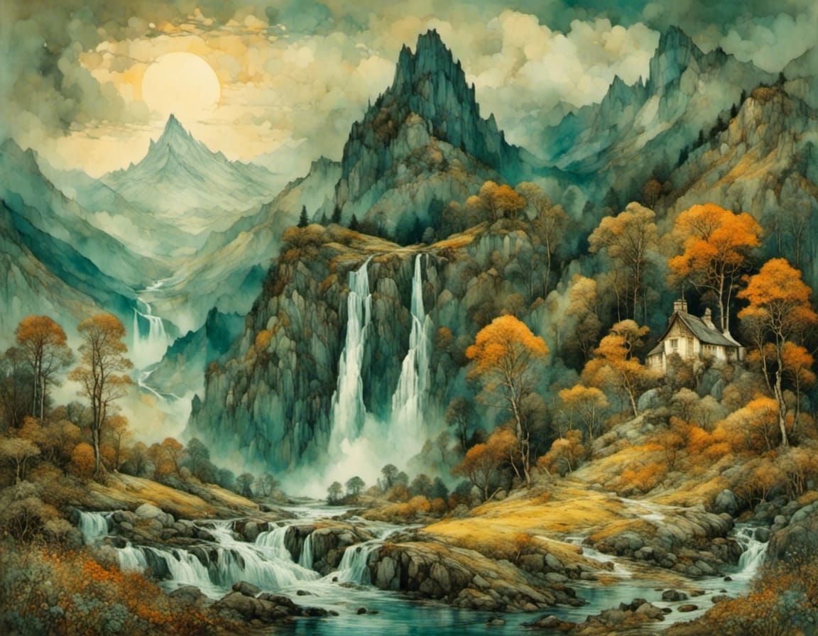 Vibrant Mountainscape with Cascading Waterfall in Warm Orang...