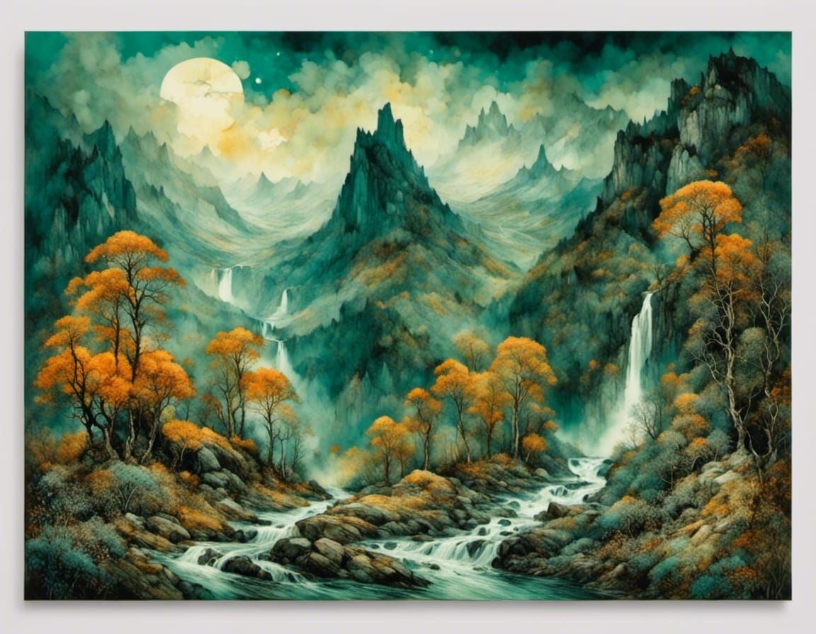 Majestic Mountain Waterfall Landscape in Orange and Teal