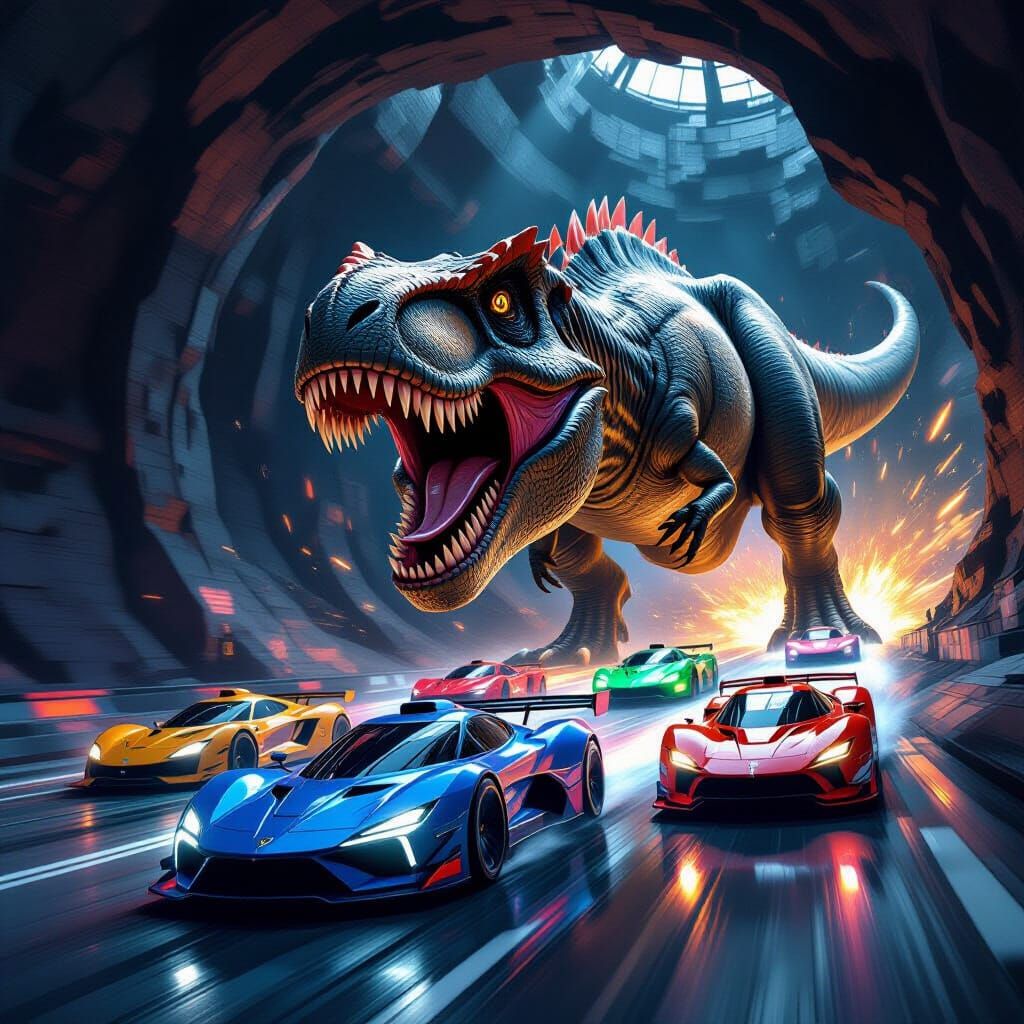 Futuristic Cars Race Through T-Rex Mouth