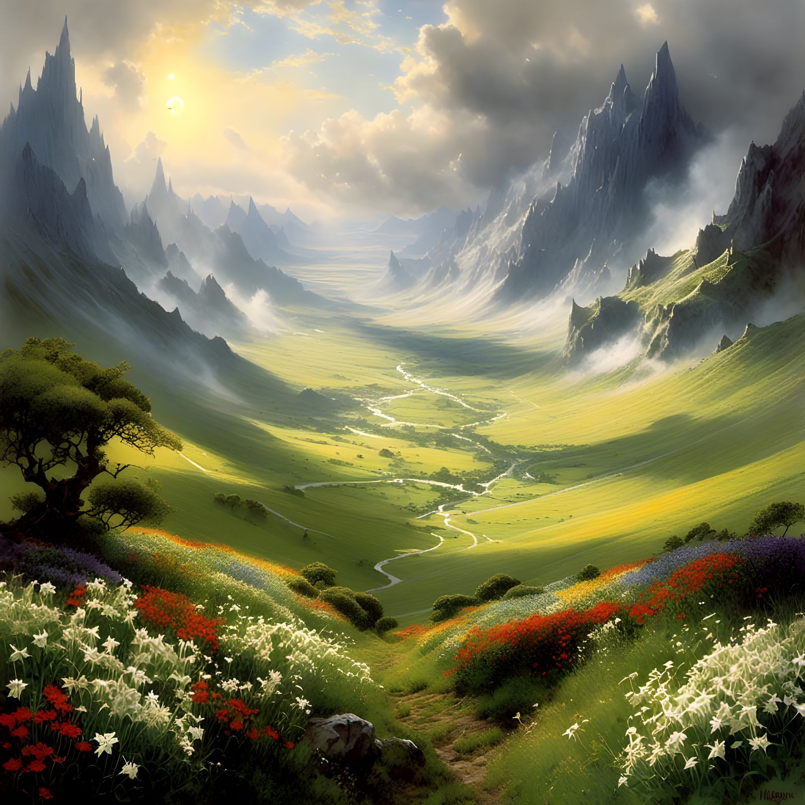 Idyllic Valley of Gondolin: A Tolkien-Inspired Vista