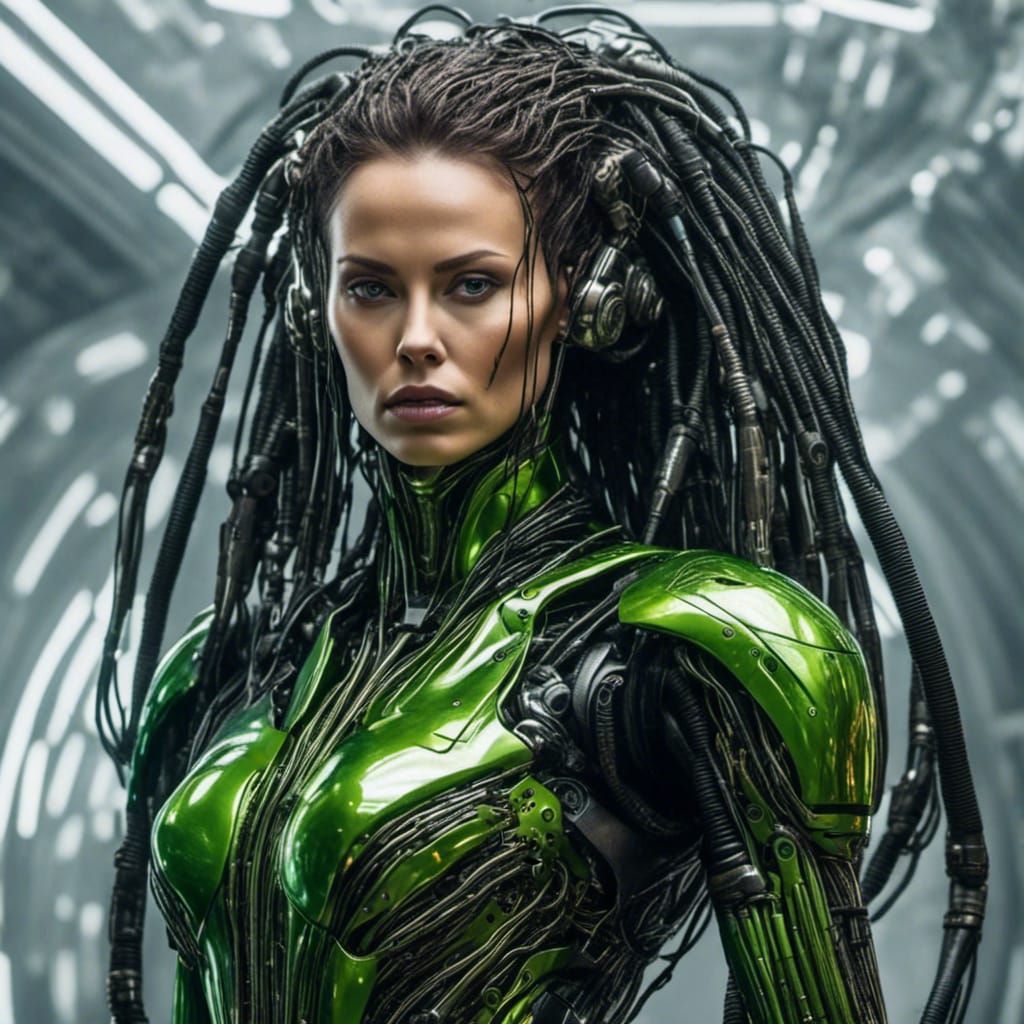 Biopunk Woman with Robotic Limbs and Metal Hair