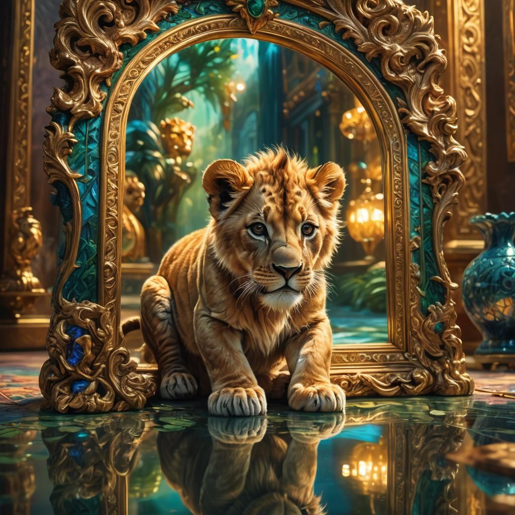 Lion Cub Mirror Reflection in Fantasy Oil Painting