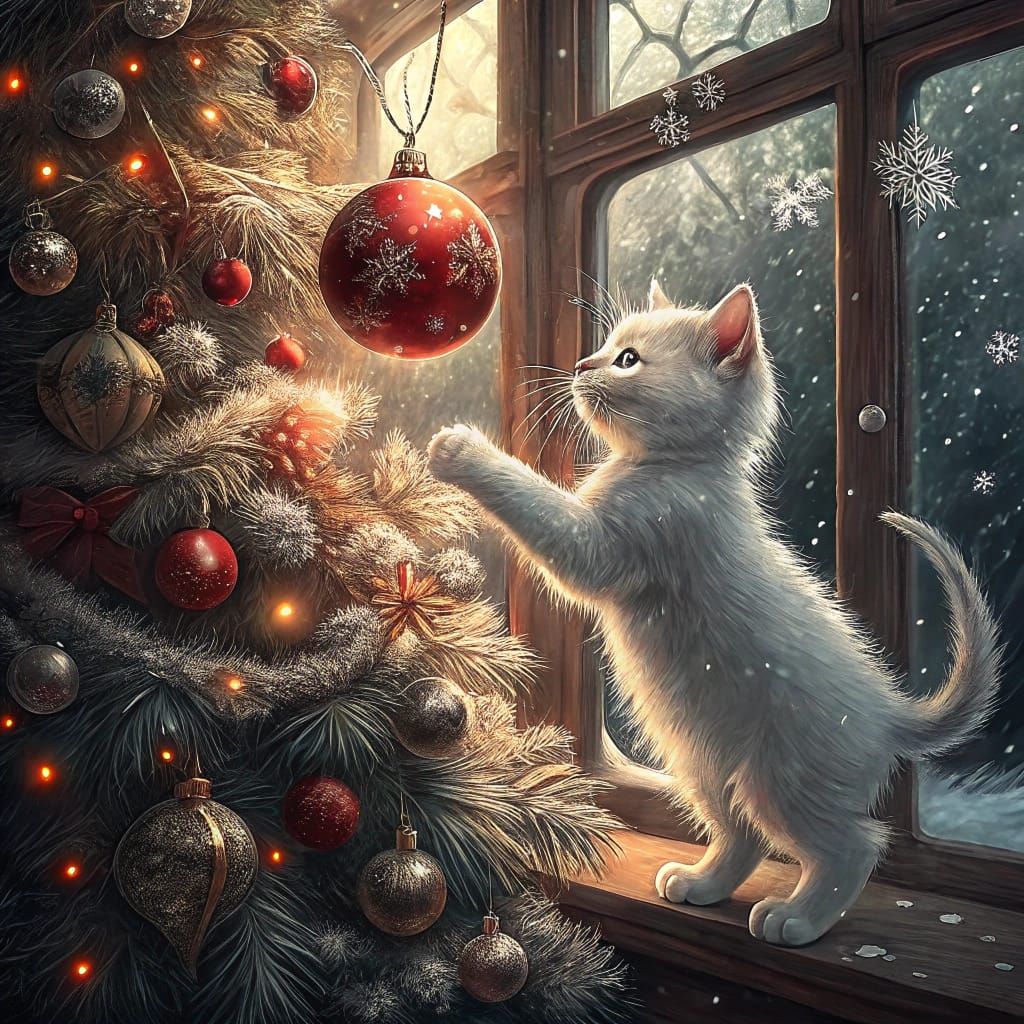 Epic Christmas Kitten Plays with Ornament in Vibrant Winter....