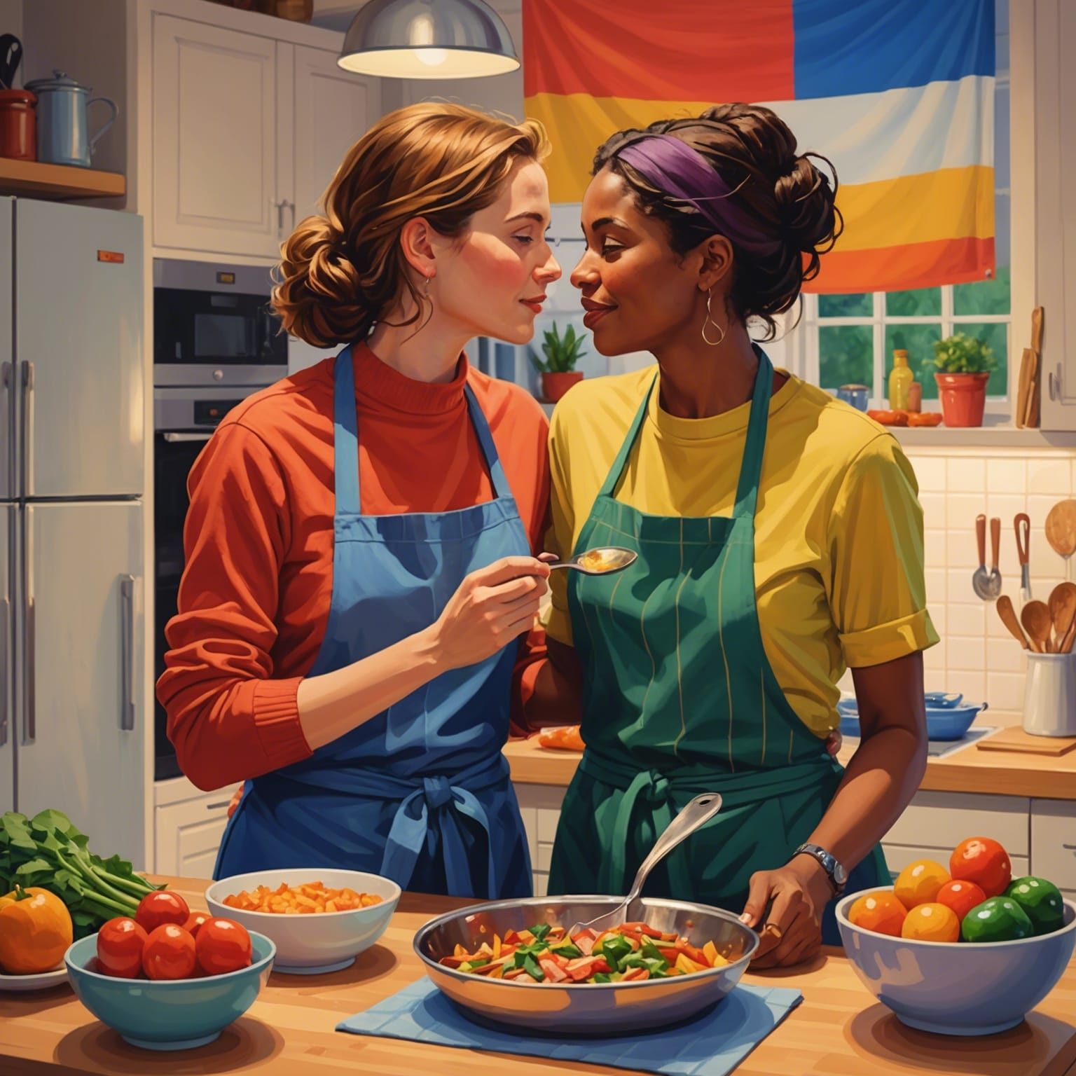 Lesbian Couple's Cozy Kitchen Date Night: Digital Art