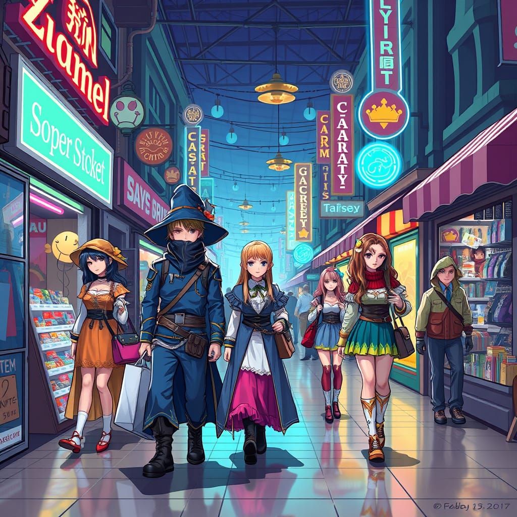 Fantasy RPG Shoppers in Bustling Marketplace