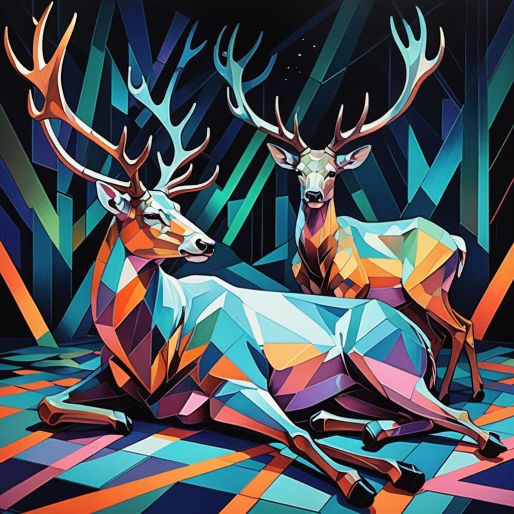 Cubist Baby Animals Sleep Amidst Silver Antlers