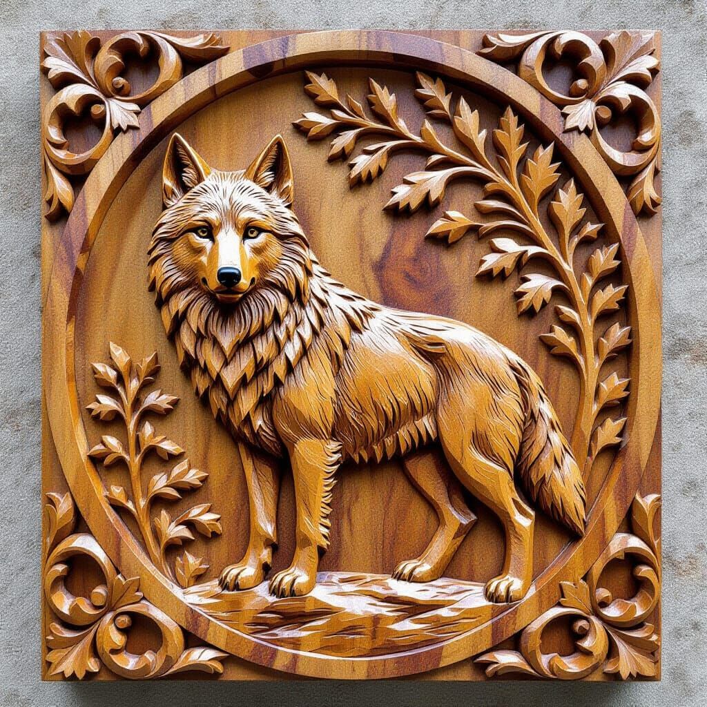 Detailed Wood Carved Wolf Statue