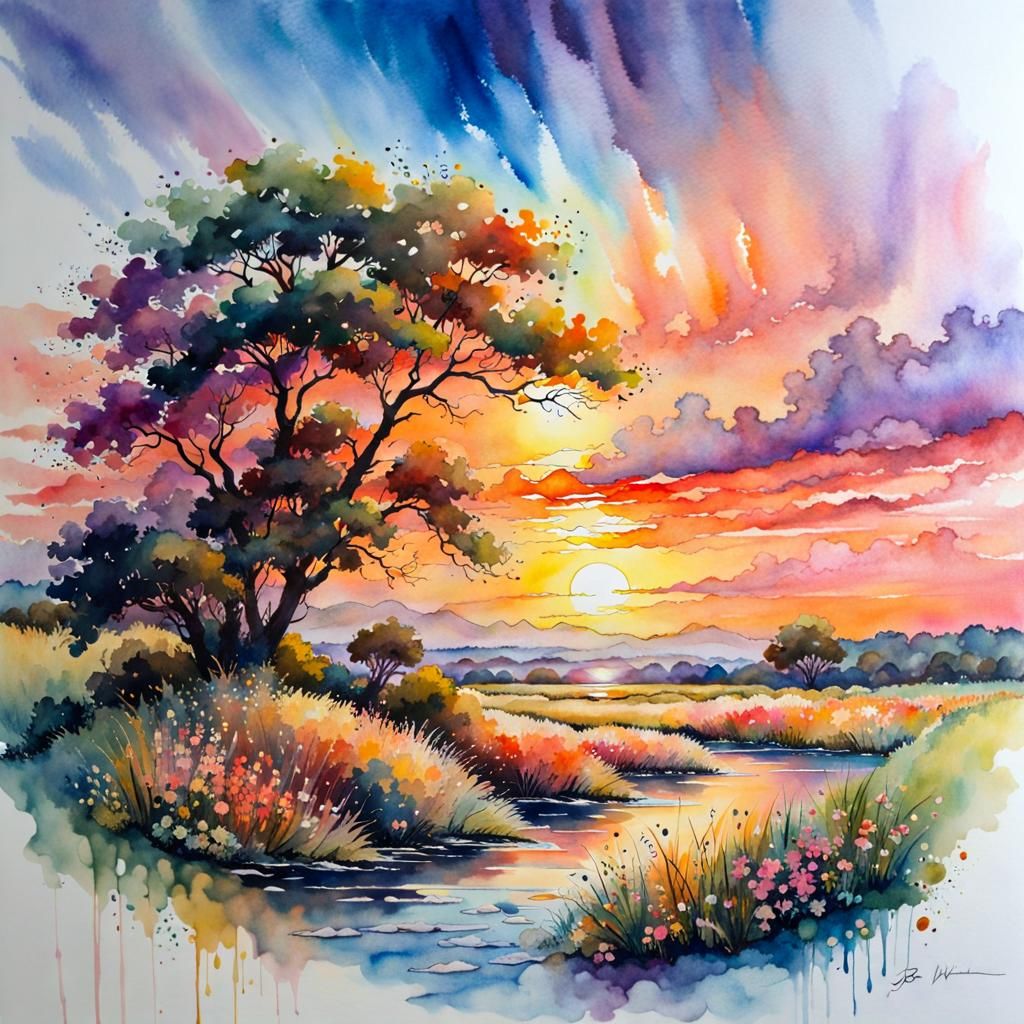Summer Sunset Landscape in Watercolor Style
