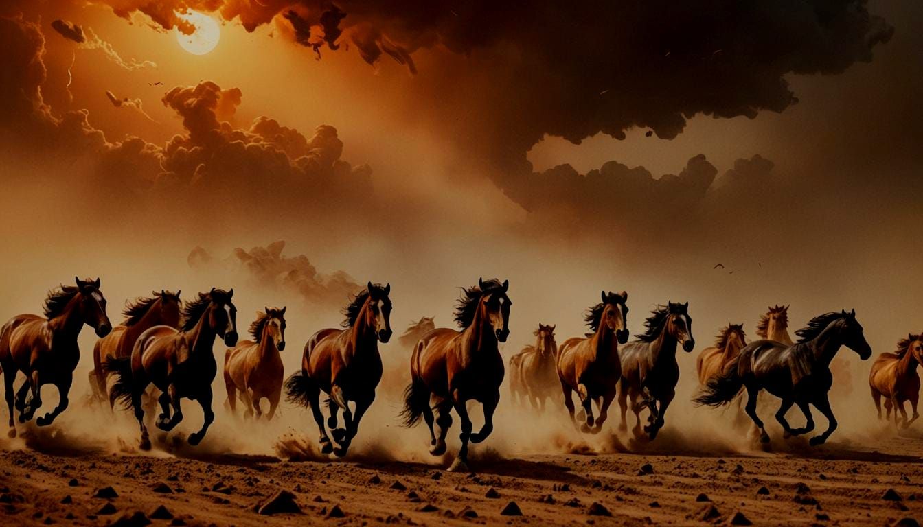 Horses Galloping Through Dust Storm on Farm