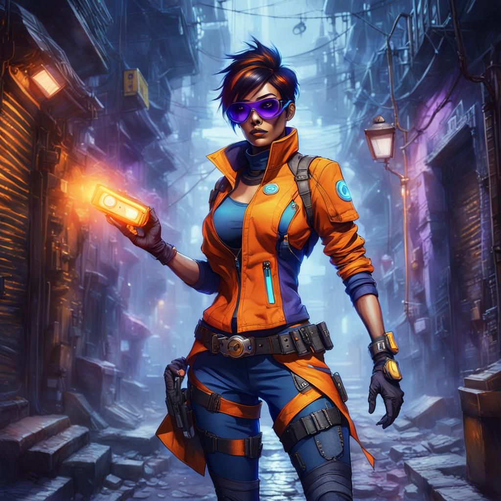 Tracer in Dark Fantasy Alleyway, Digital Art