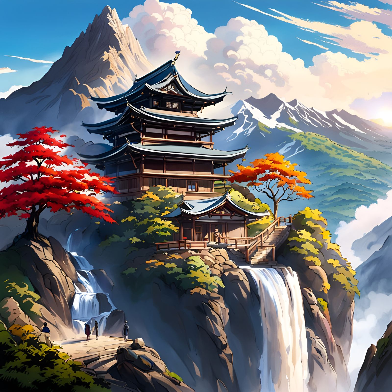 Mountain Dojo with Waterfalls in Anime Style